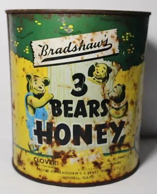 1949 Old Vintage Bradshaw 3 Bears Honey Tin Can Wendall Idaho Tin Litho Can • $34.99