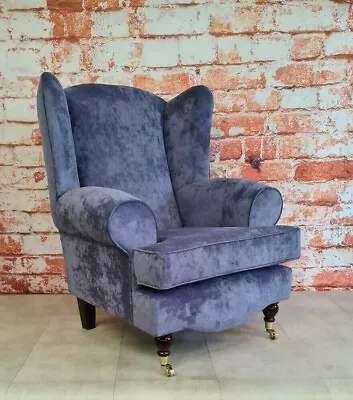 Wing Back Queen Anne Chair Blueberry Soft Velvet Feel - BARGAIN BRAND NEW • £299