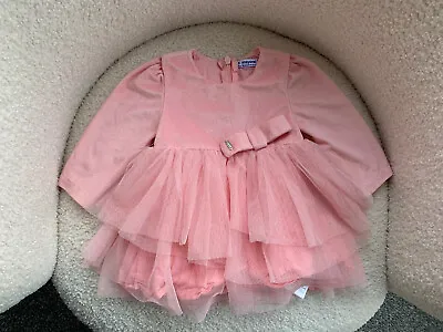 MAYORAL DRESS Age 6 Months Pink Frill Party Velvet Net Bow Baby Girl • £9.99