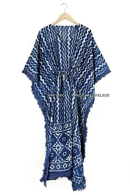 $48.39 • Buy Anokhi Cotton Indigo Stripe Block Printed Long Kaftan Dress Indian Kimono Caftan