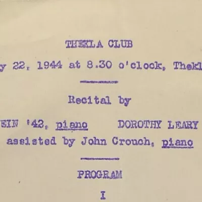1944 Thekla Club Recital Program Vassar College Mildred Goldstein Dorothy Leary • $19.25