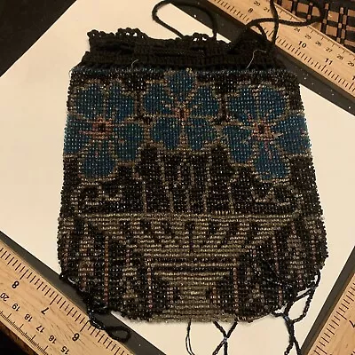 Antique Black Blue Gold Beaded Purse Handbag Drawstring Pouch Evening Bag • $26