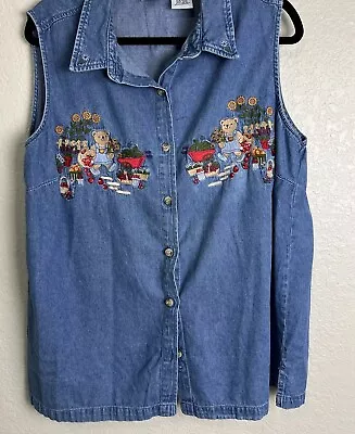 Vtg Bobbie Brooks Denim Shirt Garden Flowe Scene Sz 18/20 Sleeveless Embroidered • $15.50