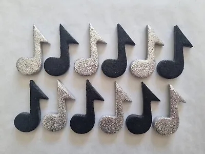 12 Glittery Black & Silver Music Notes- Edible Sugar Cake Decorations / Toppers • £4.95