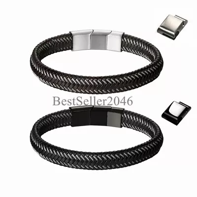 Mens Braided Leather Stainless Steel Magnetic-Buckle Bracelet Fit 8 -8.5  Wrist • $11.99