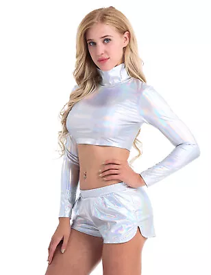 £15.83 • Buy UK Women Shiny Metallic Crop Top Long Sleeve Slim T-Shirt Glossy Party Clubwear