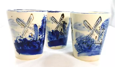 Japan Marked 3 Ceramic 3  Tumblers Holland Windmill Fronts Blue & White Crazed • $12.50