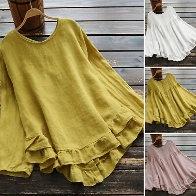 ZANZEA Women Riffled Ruffled Hem Plus Size Top Tee T-Shirt Long Sleeve Blouse • $17.66