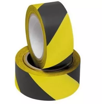 Black And Yellow Hazard Warning Tape 50mm X 10M Adhesive PVC Roll Safety Caution • £5.09