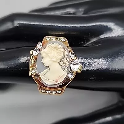 Vtg Bonetta Cameo Digits Watch Ring Gold Tone Elastic Band Rhinestone Accents  • $125