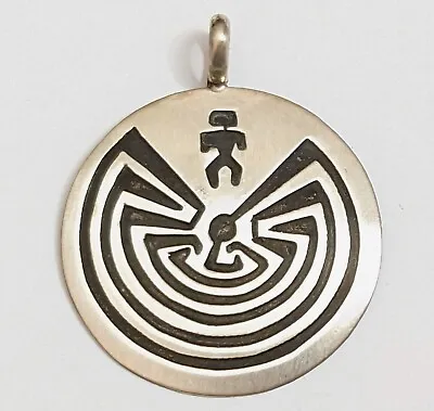 Navajo Sterling Silver Man In The Maze Round Necklace Pendant By Steeve Grant • $45