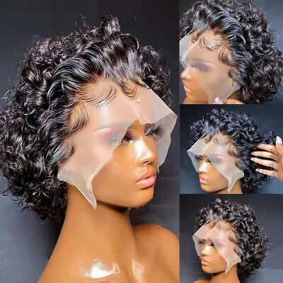 Black Short Pixie Cut Wig Short Curly Human Hair Wig Lace Front Wave Wigs Women • $31.57