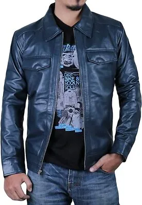 Men Genuine Blue Winter Jacket Racer Motorcycle Stylish Casual Lambskin Jacket • $131.10