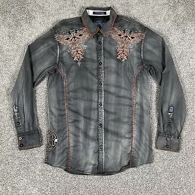 Roar Western Shirt Men’s M Charcoal Gray Embroidered Lordship Thick Rope Stitch • $32.88