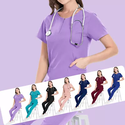 Stretch Jogger Nurse Uniform Scrub Set Women V-Neck Top Cargo Pant Medical Salon • $16.98