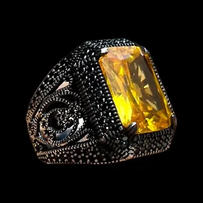 Solid 925 Sterling Silver Turkish Jewelry Yellow Citrine Men's Ring All Size • $58