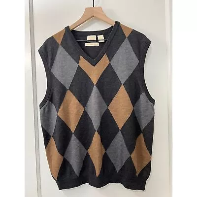 Parisian Signature Gray Brown Argyle Print Merino Wool Sweater Vest - Men's XL • $25