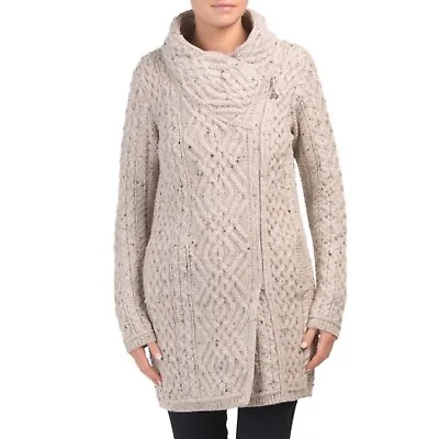 Aran Mor Side Zip Sweater Jacket S M Oatmeal Melange 100% Merino Wool Cardigan • $87.20