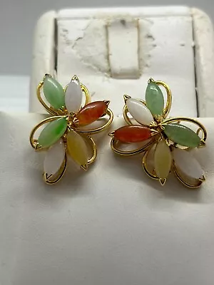 18k Yellow Gold Multi-color Jade Pierced Earrings With Omega Style Backs • $799