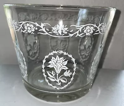 Vintage 1950’s Clear Thick Glass Ice Bucket With White Hand Painted Flowers • $12.99