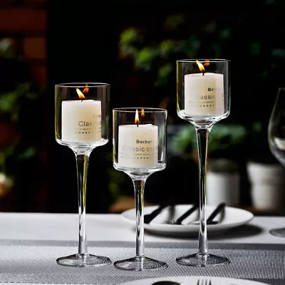Set Of 3 Large Tall Glass Candle Holders Centrepiece Tea-Light Wedding Candles • £12.94