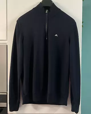 J Lindeberg Navy Blue Kian Tour Merino Half Zip Jumper Size L/XL • £10