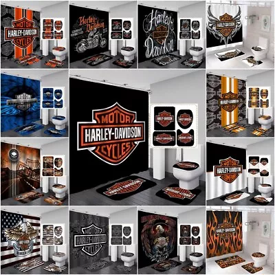 $38.49 • Buy Harley Davidson Bathroom Set Shower Curtain Non-Slip Bath Mat Toilet Lid Cover