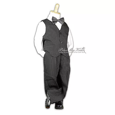 Boys Kids Formal Suit Pageboy Birthday Suit Black Pinstripe 4Pcs Set Sz000 To16 • £46.53