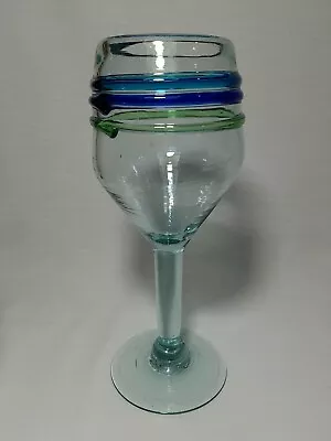 Hand Blown Mexican Glass Art Wine/Water Goblet Swirls Of Teal Green Blue • $8.97