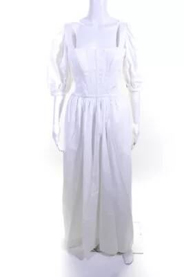 Staud Women's Cotton Puff Sleeve Square Neck Cutout Corset Dress White Size 4 • $97.59