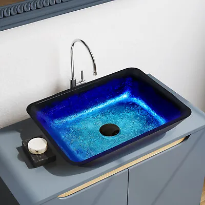 £95.95 • Buy Blue Bathroom Sink Basin Wash Bowl Tempered Glass Countertop With Pop Up Waste