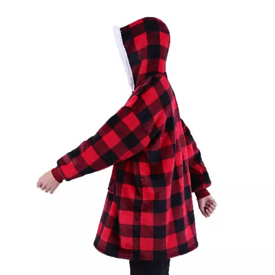 Oversized Sherpa Fleece Hoodie Blanket Lamb Wool Red Checked Sweatshirt Soft • £14.95