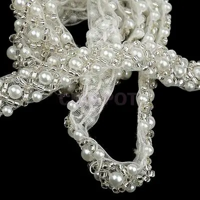 1 Yard Handmade Pearl Beaded Fabric Sewing Trim Chain Dress Applique Craft Belt • £2.99