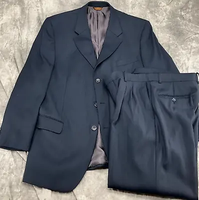 Caravelli Men Suit 44 Blue Pinstripe Pleat Cuff Superior 150s Hightech 2pc • $38.98
