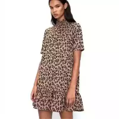 Zara Brown Leopard Animal Mini Dress High Neck Peplum Ruffle Hem 5644/410 S • $25.49