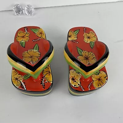 Clay Art Flip Flop Sandals Salt & Pepper Shakers Hibiscus Flower Design • £19.20