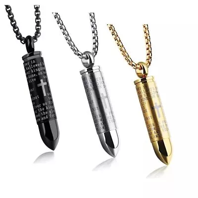 Men Cross Pendant Necklace Stainless Steel Lord's Prayer Bullet Chain Link • $7.35