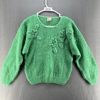 Vtg DUE ESSE Sweater Italy Green Mohair Olefin Knit Small Flowers • $25