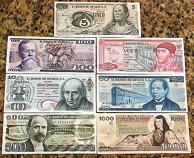 UNCIRCULATED MEXICO SET 7 BANKNOTES LOT 70'S 80'S 5 10 20 50 100 500 1000 Pesos  • $18.98