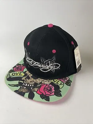 Ed Hardy Skull Roses Flat Bill Love Slowly Pink Black Hat Cap Adjustable • $40