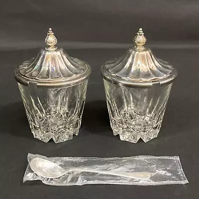 Lot Of 2 Vintage Glass Jam Or Jelly Jars With Silver Tone Lids And 1 Spoon • $16.99