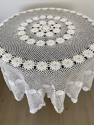 Lace Tablecloth Vintage Crochet Hand Cotton White Handmade Round Table Antique • $129.99