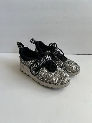 MIU MIU Silver Glitter Logo Strap Low Top Runner Sneaker  SZ 6.5 • $165