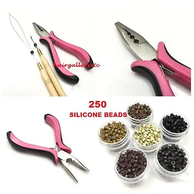 250 SILICONE MICRO HAIR BEADS Feather Hair Extension TOOL KIT PLIERS LOOP HOOK  • $13.99