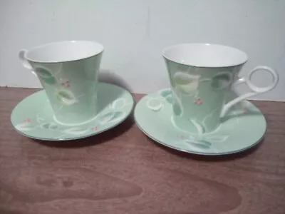 2 Haengnam Elegant Bone China Green Leaf Teacups & Saucers Korea • $10.89