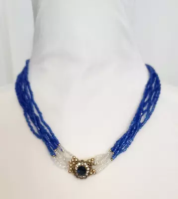 Vintage Blue 6 Multi Strand Seed Bead Necklace Rhinestone Pendant 18  • $12