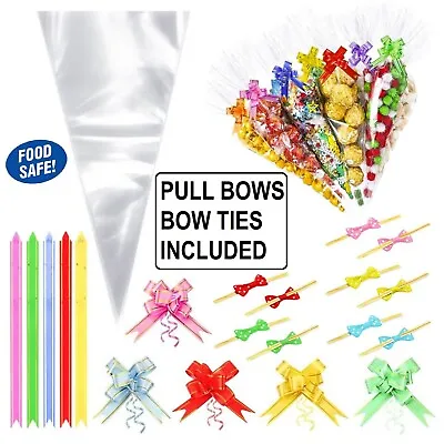 Sweet Cone Bags Cellophane Party Gift Sweetie Candy Bag With Pull Bow Twist Ties • £2.49