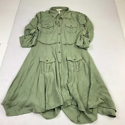 Matilda Jane Womens Button Shirt Dress Green Long Sleeve Roll Tab Pockets Medium • $34.99