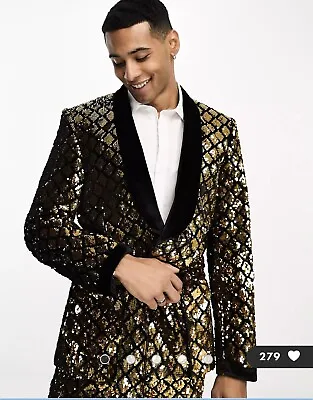 ASOS DESIGN Skinny Smoking Party Suit Jacket Blazer Diamond Sequin Gold 40R NEW • £49.99