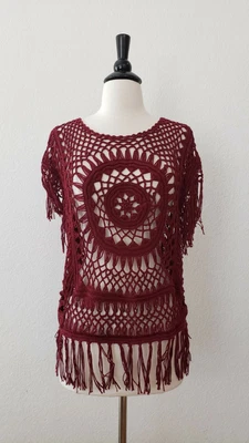 £12.26 • Buy Anthropologie Top New V Size Medium Crochet Fringe Festival Coachella Boho Red